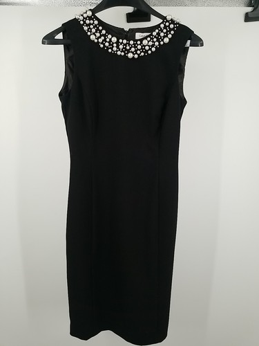 Calvin Klein Black Sleeveless Sheath Dress w/ Pearl Neck Beading Size 2
