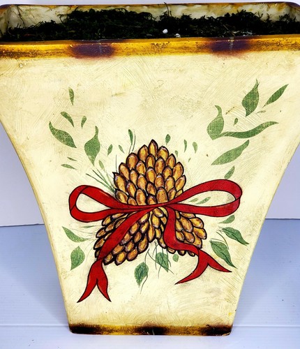 Resin Vase Christmas Ribbon Pine Cones Trash Can 12"H x 12"W x 6.5"Base x 7.5" D - Picture 6 of 12