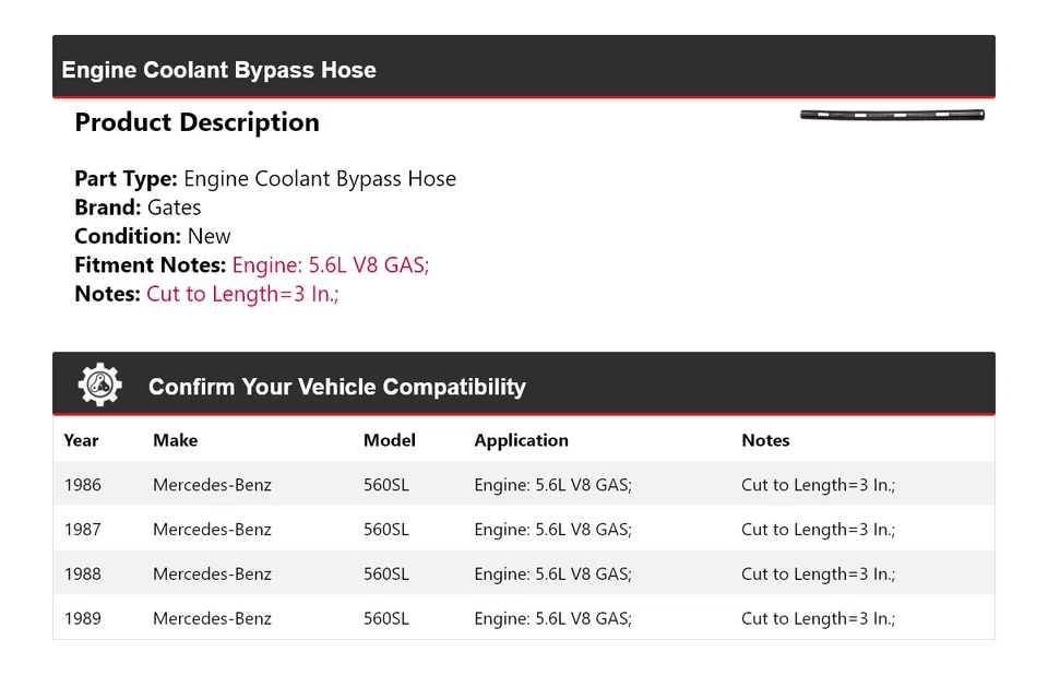 Portões de mangueira de desvio de líquido de arrefecimento do motor a gasolina Mercedes-Benz 560SL 5.6L V8 1986-1989 - Imagem 2 de 4