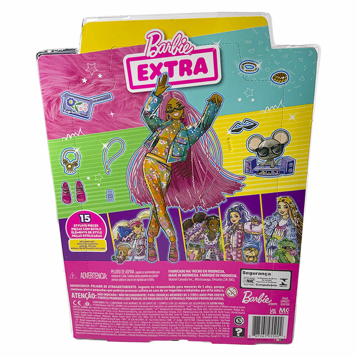 NEW 15 PCS BARBIE MATTEL EXTRA DOLL #10 PINK BRAIDS FLORAL DJ MOUSE PET 12"