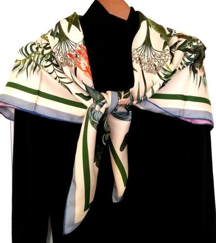 43"x43" Birds/Monkey Print Pure Mulberry Twill Silk 16momme Double-sided Scarf - Picture 7 of 11