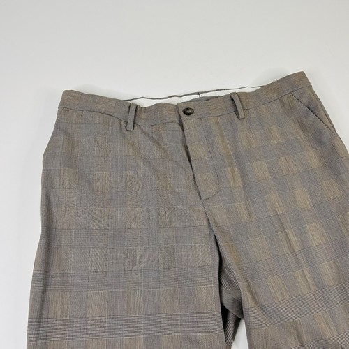 Zara 34 x 29 Wool Blend Dress Pants Flat Front Beige Glen Plaid - Picture 2 of 6