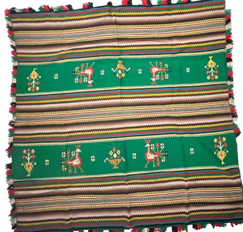 Guatemalan Peacock Bird Motif Vintage Wool Fringe Blanket 54”x 56” Folk Art - Picture 5 of 11