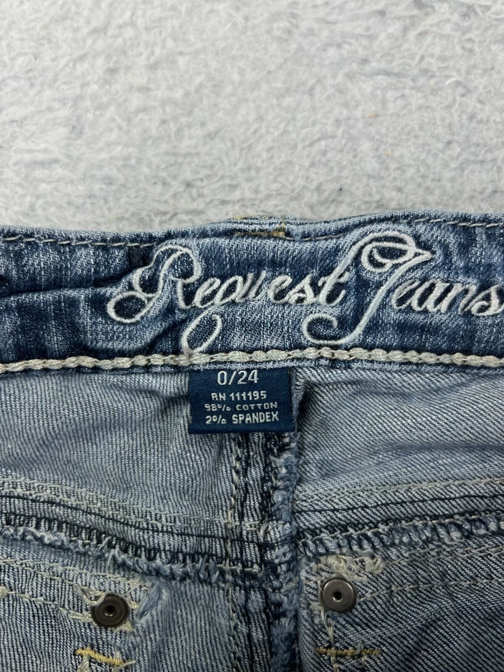 Pantalones de mezclilla para mujer Request 0 azul ajustados desgastados bordados 23x30 Foto 4 de 4