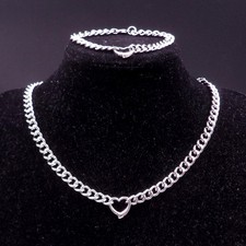 New charm Choker Clavicle Silver Stainless Steel Heart Necklace Bracelet 1Set