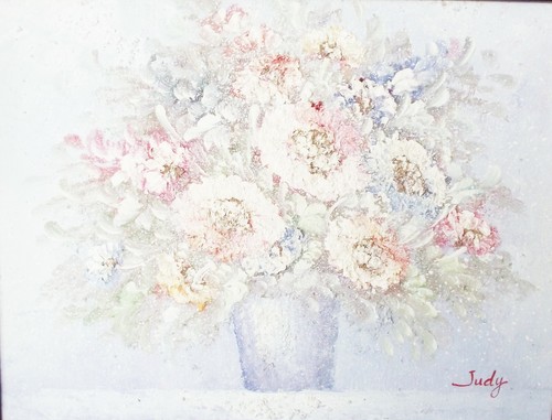 VINTAGE TEXTURED FLORAL ORIGINAL OIL PAINTING CANVAS SIGNED JUDY WOOD FRAMED - Picture 2 of 9