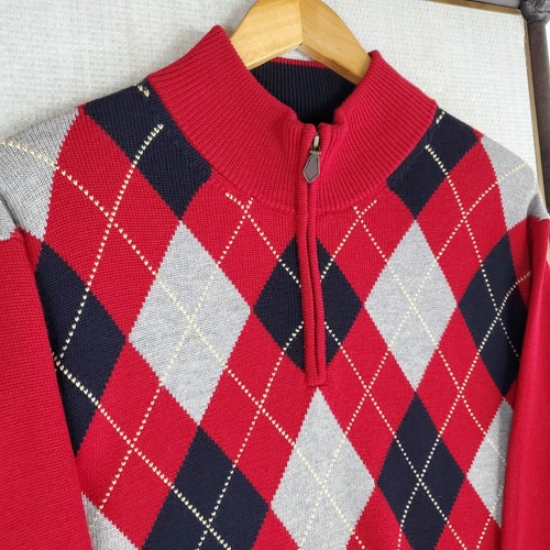 BROOKS BROTHERS Size XL Mens 100% Merino Wool Argyle 1/4 Zip Sweater Red Diamond - Picture 14 of 19