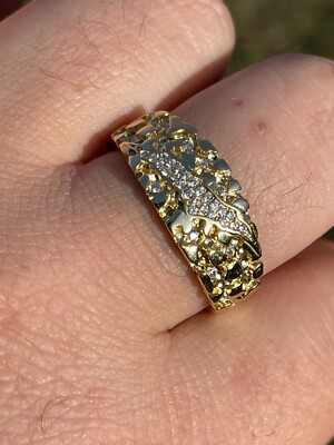 Solid 925 Silver 14k Gold Plated Nugget Band Ring W. Iced CZ Claw Mark Hip Hop