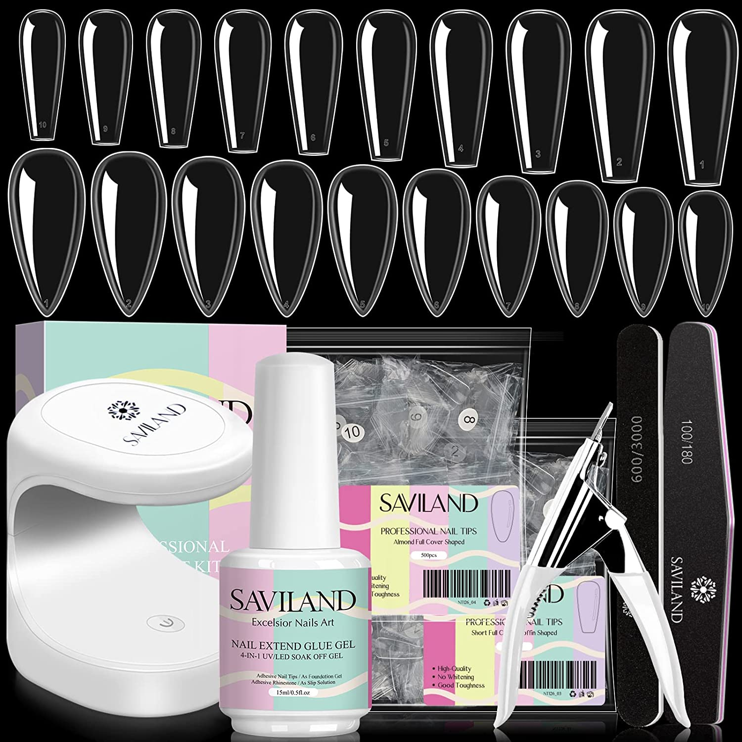 Saviland Nail Tips and Glue Gel Kit 500PCS Long Press on Nails Clear