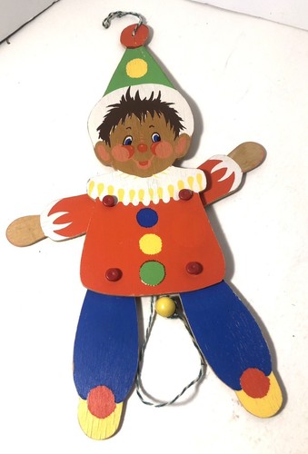 Vtg German Wooden Clown Handmade Toy Hellerkunst Moritz Jumping Jack Pull String - Picture 1 of 9