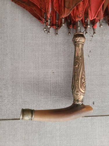 Vintage red Umbrella With gold and HORN Handle no hole or rip - Picture 2 of 4