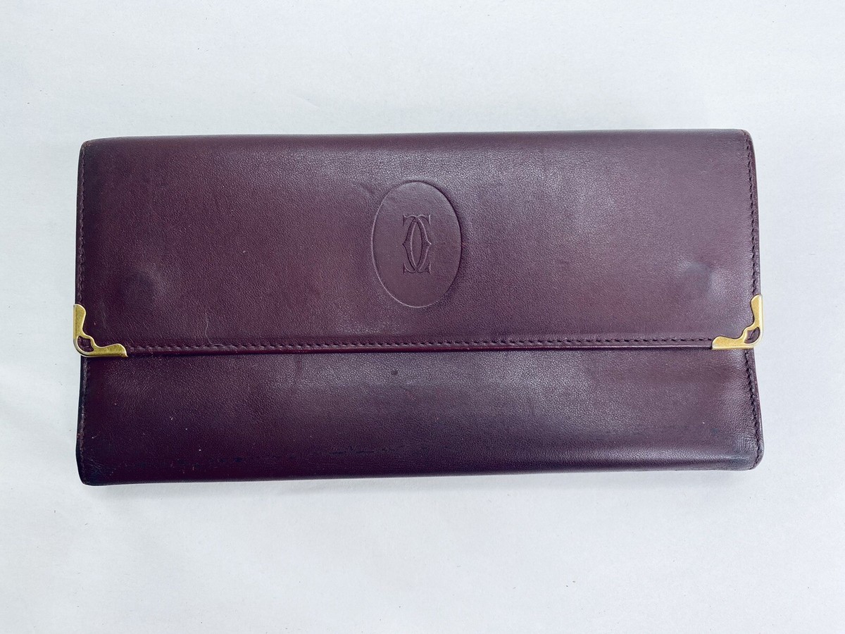 Cartier Paris Red Burgundy Brass Leather Trifold Clutch Long