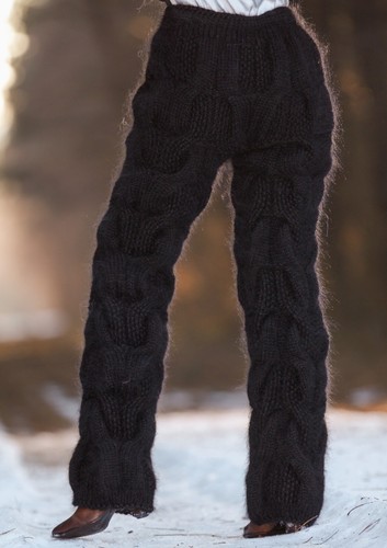 Black cable mohair pants thick fuzzy hand knit chunky trousers leg warmers, L-XL - Picture 6 of 8