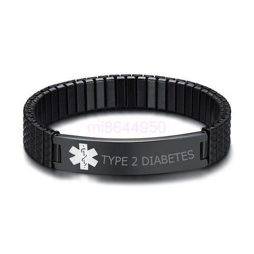 7" Spring Stretch Band Women Men Medical Alert ID Bracelet DIY Engraving Black - Picture 19 of 30