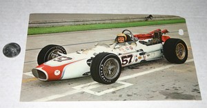 VINTAGE-JUMBO-6-X-9-POST-CARD-INDY-500-BOB-HARKEY-KEN-BRENN-SPECIAL-1967-HOLES