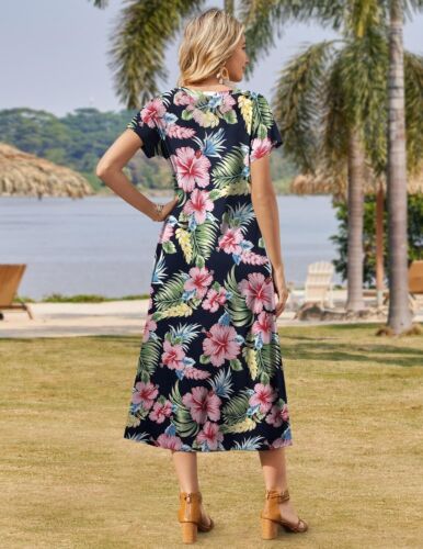 Summer Floral V-Neck Maxi Dress Short Sleeve Casual Beach Dress with Pockets - Picture 89 of 109