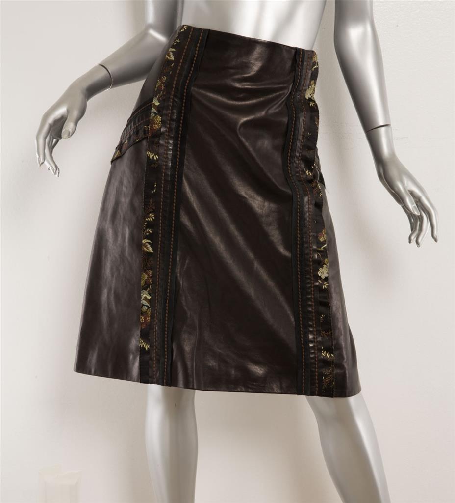 PRADA Black Leather Silk Floral Jacquard Stitch Trim A-Line