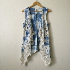 Chico's Sz 2 Large Blue Tie Dye Crochet Lace Embroidery Duster Vest