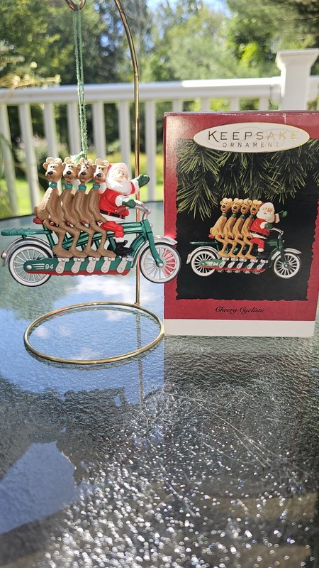 HALLMARK Keepsake 1994 CHEERY CYCLISTS Santa & Reindeer Bike CHRISTMAS ORNAMENT