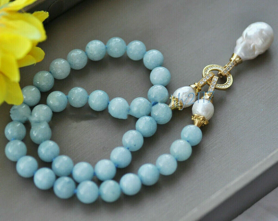 Collar Colgante Perla Barroca Keshi Blanco Cuentas Gemas Aguamarina Azul Natural - Imagen 2 de 4