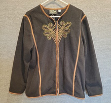 Bob Mackie Wearable Art Women's Large Embroidered Fleece Jacket Full Zip Brown