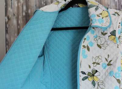 ESPRIT Diamond Quilted Reversible Jacket Teal Blue Floral Print Pockets Retro S