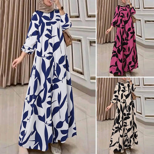 UK Womens O-Neck Long Sleeve Floral Print Muslim Casual Loose Long Dress Kaftan - Picture 2 of 15