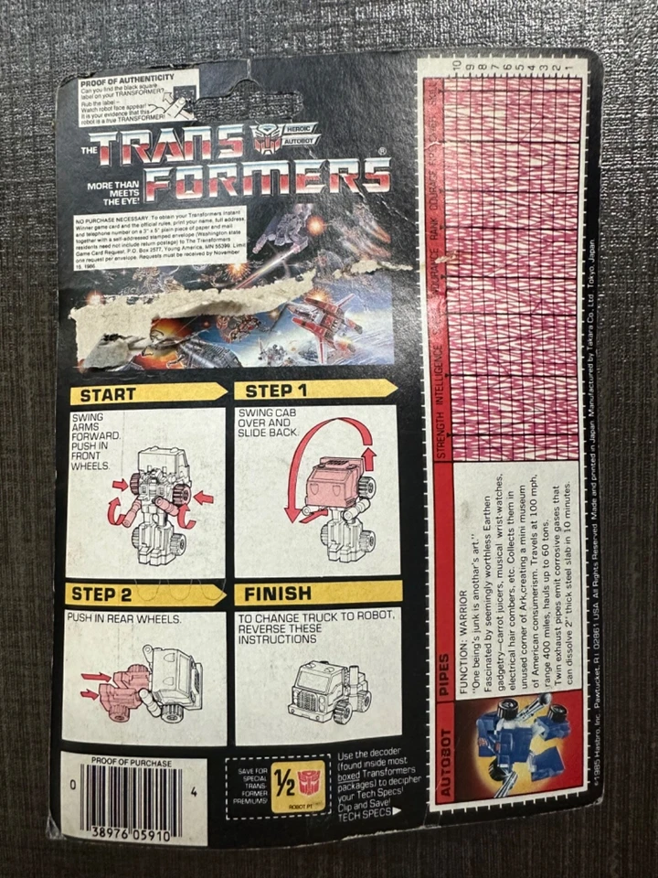 Vintage G1 Hasbro Transformers Minibot Pipes Bubble still Almost Attached New - Image 2 of 4