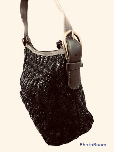 Nine West Shoulder Bag Black Vinyl Strip Fabric Wave Motif Brown Trim 8x11x4” - Picture 3 of 6