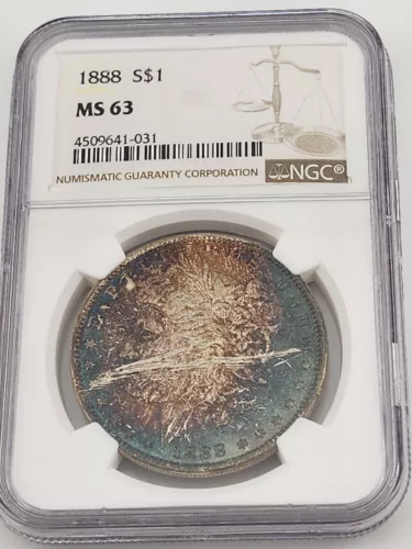 1888 MS 63 Morgan Silver Dollar NGC Toned Blue, Green, Purple, Gold