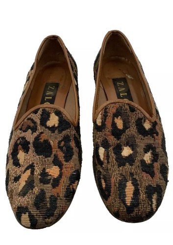 Print Smoking Slippers Loafers Brown Black women Size 8 M leather - Picture 2 of 11