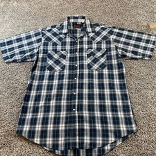 Plains Western Shirt Mens Medium Blue Plaid Pearl Snap Cowboy Short Sleeve