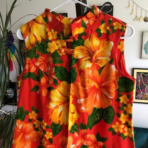 HAWAIIAN SURF size 10 Vintage 70's Orange Floral Barkcloth Maxi Dress - Picture 2 of 5