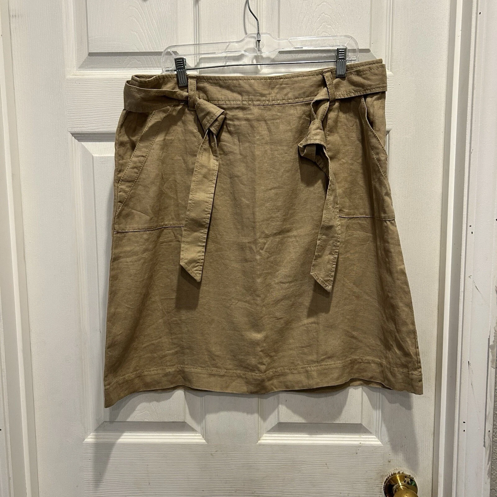 Lands' End Womens 14 Khaki Tan Linen A-Line Skirt Waist Tie Pockets Academia