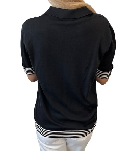 CHANEL Vintage 98P CC Mark Logo Knit Polo Top #42 Stripe Black White Cotton - Picture 4 of 11