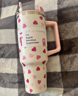 A Little Obsessed 40oz Heart Tumbler Double Wall w/ Handle, Lid & Straw