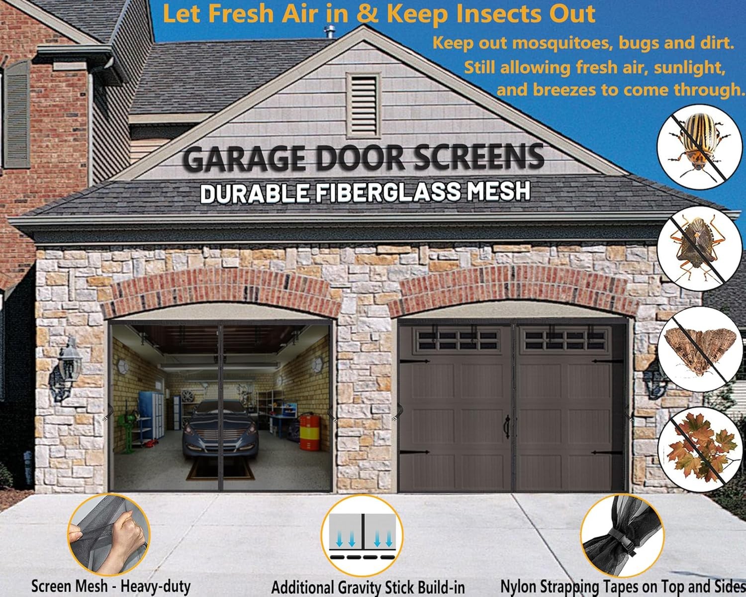 1 Car Garage Door Screen Kit 10x8ft - Retractable Magnetic Mesh Black 