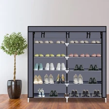 Portable 7 Tiers Shoe Rack Closet Fabric Cover Shoe Storage Organizer Cabinet