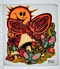 Original VINTAGE 1970s Heat Transfer | Psychedelic Sun Butterfly Mushroom Art