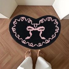 Black Pink Bow Bath Mat Coquette Non Slip Heart Rug Cute Microfiber Decor