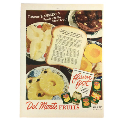 1946 Del Monte Fruits VINTAGE PRINT AD Canned Pineapple Pear Peach Bread Recipes