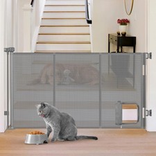 Reinforced 60  Wide Retractable Dog Gate with Cat Door Gates for Pets with Re...