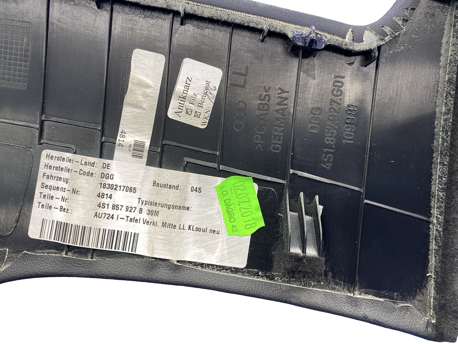 2017-2023 AUDI R8 V10 4S RWS OEM FRONT DASH TRIM COVER PANEL BLACK 4S1857927B