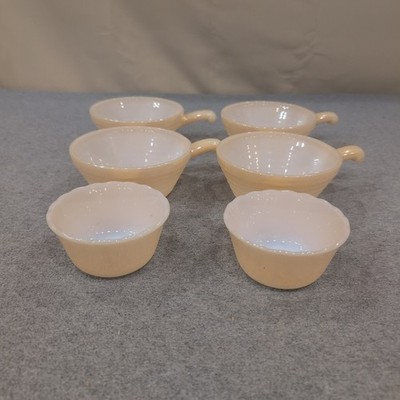Fire King Peach Luster Milk Glass Handled Chili Bowls and Custard Cups Set of 6
