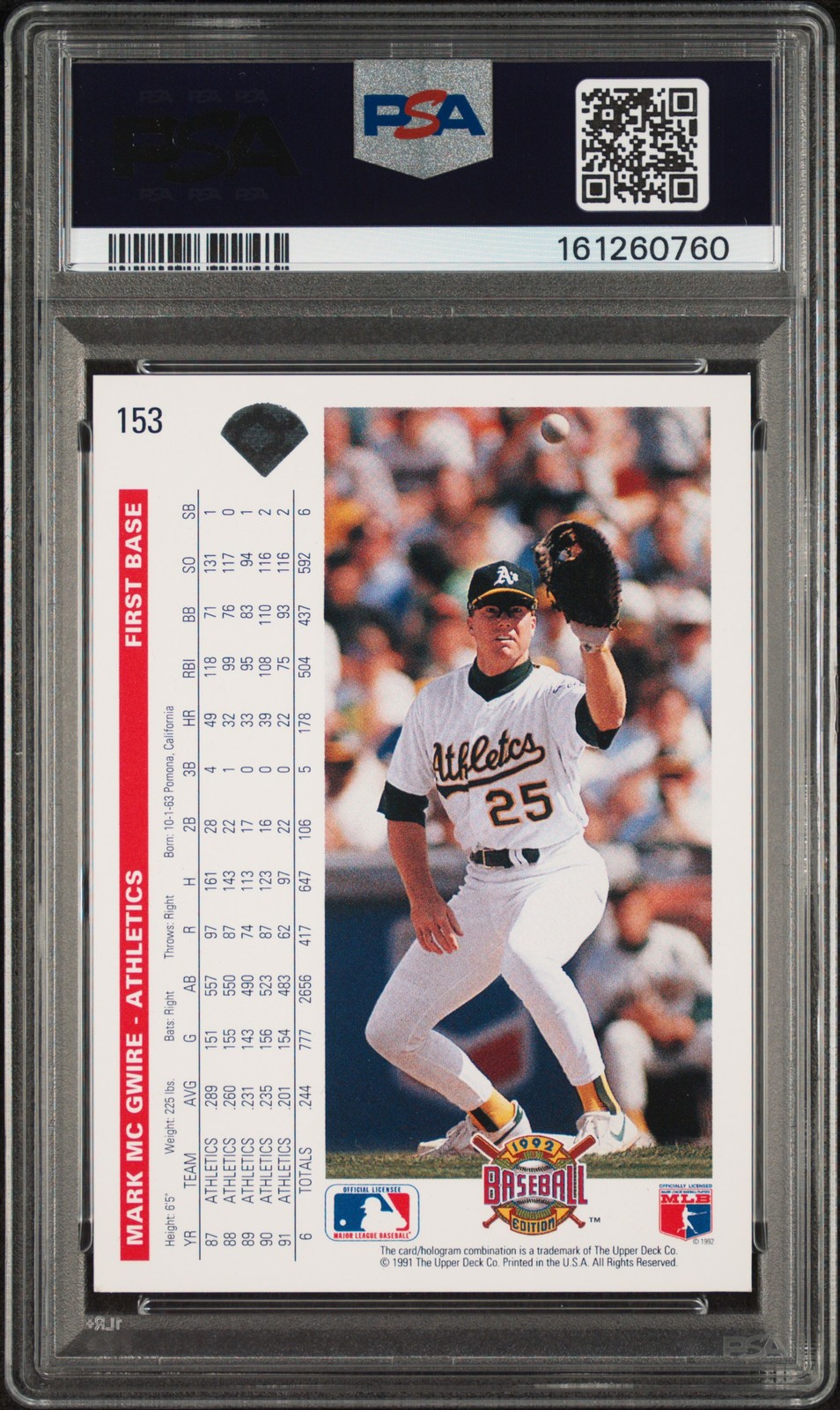 1992 UD #153 MARK MCGWIRE PSA 6 view 2