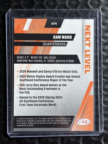 2025 SAGE Cam Ward Next Level RC púrpura Tennessee Titans novato - Imagen 2 de 2