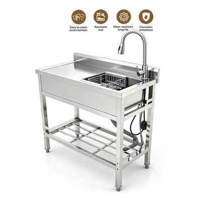 Stainless Steel Free Standing Sink,  Single Bowl with Cold and Hot Water Pipe