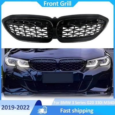 Glossy Black Front Kidney Diamond Grill Grille for 2019-2022 BMW G20 330i M340i