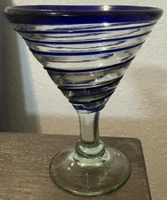 Mexican Hand Blown Glass Modern Margarita Glasse - Blue Spiral (12 oz) 6"