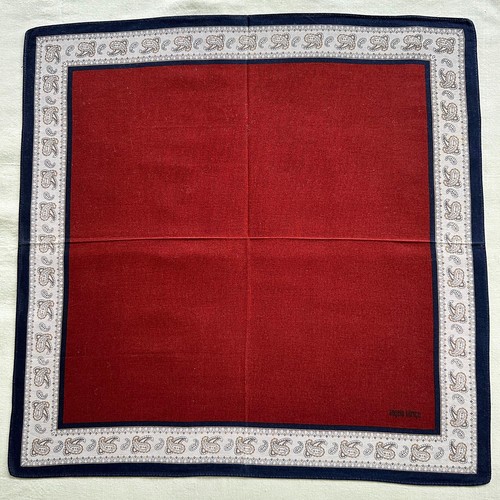 VTG Handkerchief Dark Red Cotton Border Blue Paisley Classic Pocket Square 18 - Picture 2 of 3